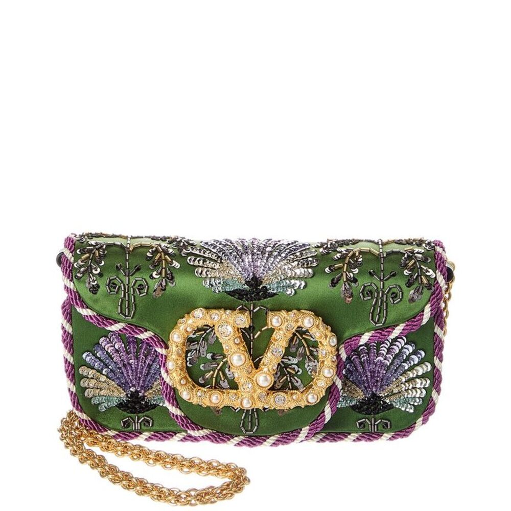 Valentino Vlogo Loco Small Satin & Leather Wallet On Chain, Green